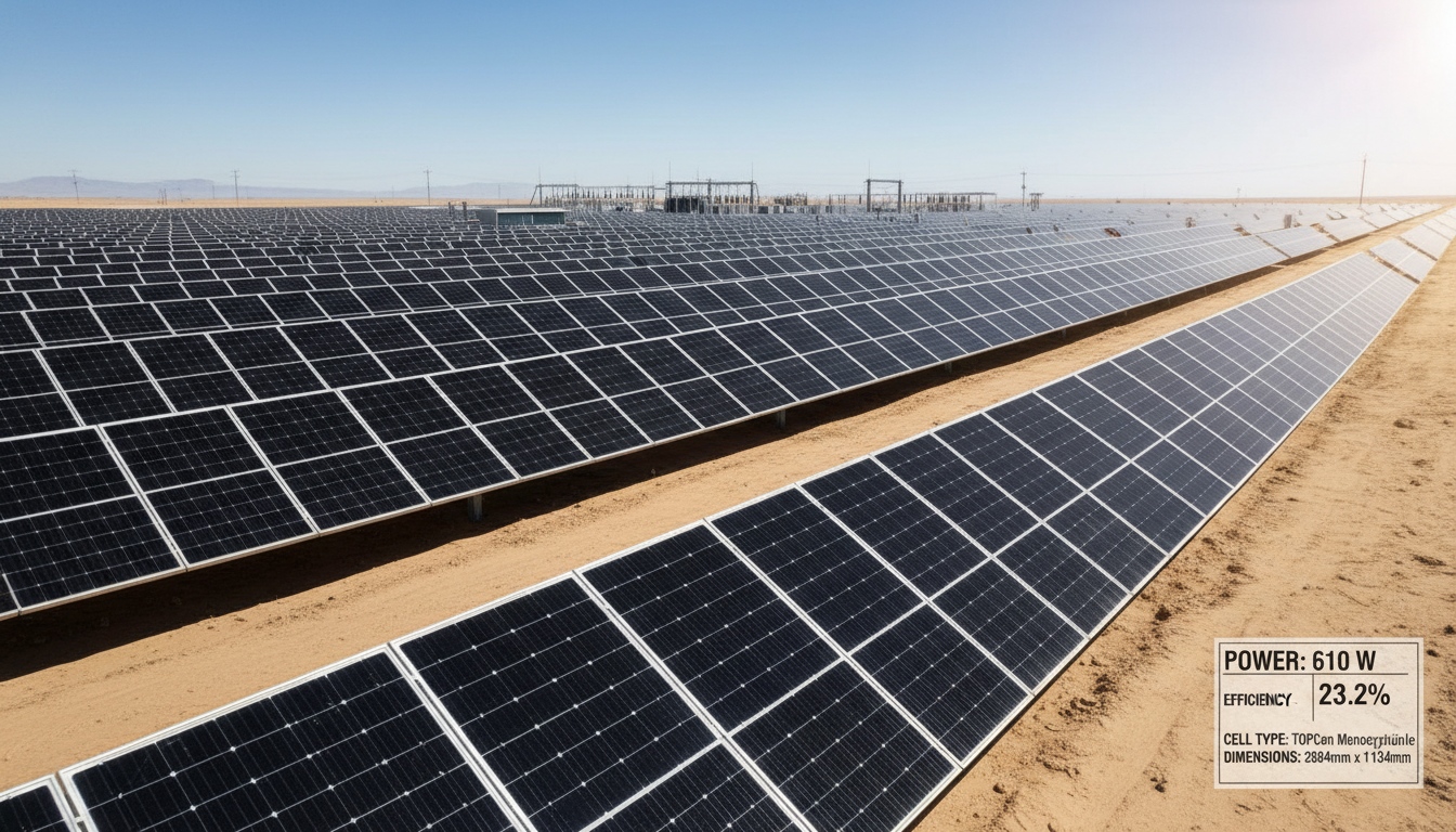 Utility-scale PV modules with datasheet values showing power rating efficiency cell type and module dimensions for solar panel specification review
